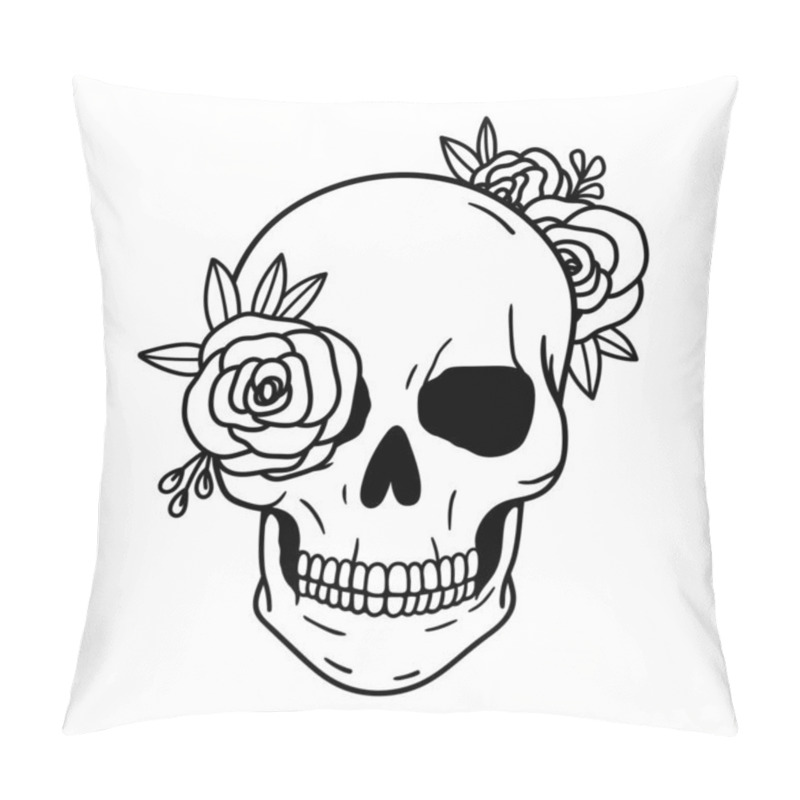 Personality   Skull with flowers, with roses. Human skull portrait with floral wreath. Vector illustration isolated on white background. Sugar skull floral print for Halloween. pillow covers