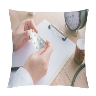Personality  Female Doctor Holding Unlabeled Generic Tablets Pillow Covers