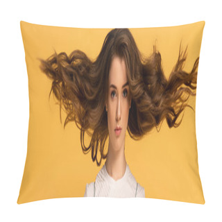 Personality  Panoramic Shot Of Beautiful Confident Spring Woman With Long Hair Isolated On Yellow Pillow Covers