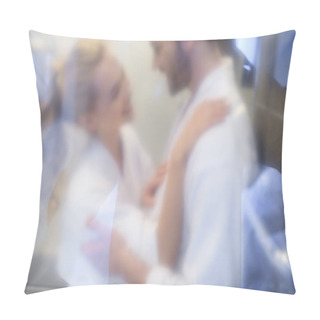 Personality  View Through Glass Door On Couple In Bathrobes Pillow Covers