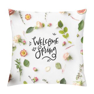 Personality  Pink Flowers, Petals And Figs Aroung WELCOME SPRING Lettering Isolated On White Pillow Covers