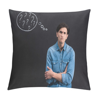 Personality  Pensive Young Man With Question Marks In Thought Bubble On Blackboard Pillow Covers