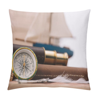 Personality  Compass Near Leather Copy Book And Telescope  Pillow Covers