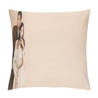 Personality  Young African American Man Hugging Asian Model In Stylish Pantsuit Isolated On Beige, Banner Pillow Covers