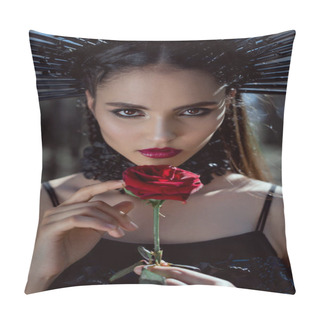 Personality  Portrait Of Beautiful Woman In Witch Costume Looking At Camera, Holding Red Rose In Hands Pillow Covers