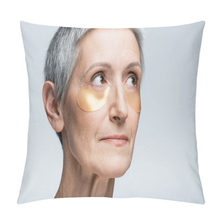 Personality  Middle Aged Woman In Golden Eye Patches Looking Away Isolated On Grey Pillow Covers