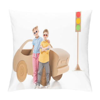 Personality  Stylish Kids In Sunglasses Posing Near Cardboard Car And Traffic Lights, On White Pillow Covers