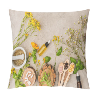 Personality  Top View Of Herbs, Green Leaves, Mortar With Pestle, Bottles And Pills In Wooden Spoons On Concrete Background, Naturopathy Concept Pillow Covers