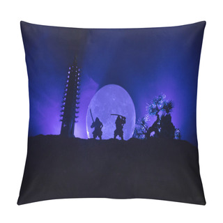 Personality  Samurai Fighting Concept. Silhouette Of Samurais In Duel Near Tree And Old Temple. Table Decoration With Dark Toned Foggy Background. Selective Focus Pillow Covers