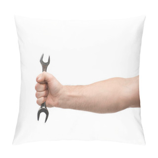 Personality  Cropped View Of Man Holding Spanner Isolated On White  Pillow Covers
