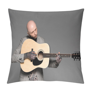 Personality  Handsome Bald Tattooed Man In Suit Playing Acoustic Guitar Isolated On Grey Pillow Covers