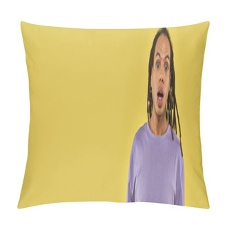 Personality  Surprised African American Man In Purple Sweatshirt With Pierced Lip On Yellow Background, Banner Pillow Covers
