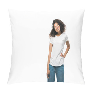 Personality  Happy African American Girl In White T-shirt Standing With Hand On Hip Isolated On White  Pillow Covers