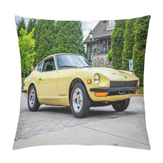 Personality  Highlands, NC - June 10, 2022: Low Perspective Front Corner View Of A 1971 Datsun 240Z Hardtop Coupe Leaving A Local Car Show. Pillow Covers