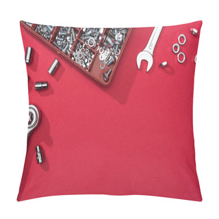 Personality  Top View Of Wrenches With Tool Box And Nozzles On Red Background Pillow Covers