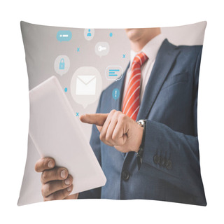 Personality  Cropped View Of Businessman Using Digital Tablet With Marketing Strategy Icons Pillow Covers