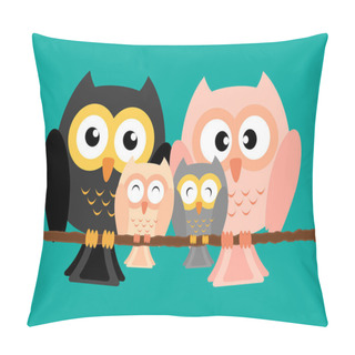 Personality  Owls Family On Tree With Two Lovely Children Vector Illustration. Pillow Covers