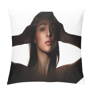 Personality Art Fashion Surrealistic Portrait Of Beautiful Woman With Light On Her Face And Shadow On Her Body Isolated On White Pillow Covers