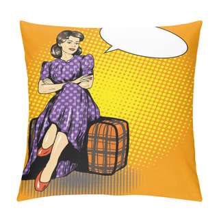 Personality  Beautiful Woman Sit On A Bag. Vector Illustration In Comic Retro Pop Art Style. Speech Bubble Pillow Covers