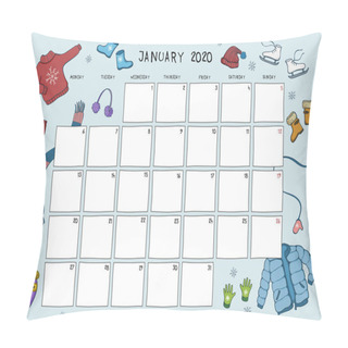 Personality  Cute Calendar And Planner For January 2020. Blue Background With Colorful Illustrations Of Winter Clothes. A4 Horizontal Format. Pillow Covers