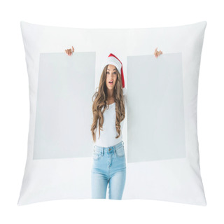 Personality  Excited Girl In Santa Hat Holding Blank Cards, Isolated On White Pillow Covers