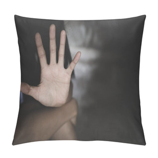 Personality  Woman Using Hand Palm To Stop. Stop Violence Against Women Campaign Concept With Copy Space. Pillow Covers