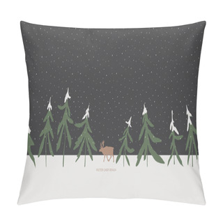 Personality  Vector Illustration. Winter Fir Trees And Reindeer Silhouettes On The Skyline. Night Snowfall . Pillow Covers