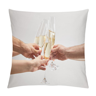 Personality  Cropped View Of Men And Women Toasting While Holding Champagne Glasses With Sparkling Wine Isolated On Grey  Pillow Covers