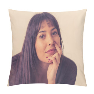 Personality  Close Up Portrait Of Young Beautiful Caucasian Woman With Happy Face And Beautiful Smile. Isolated On Neutral Background. In People, Positive Human Expression And Emotions Concept. Pillow Covers