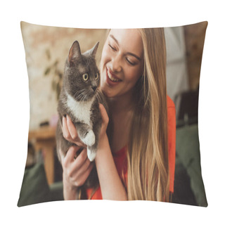 Personality  Happy Young Woman Looking At Cute Cat At Home Pillow Covers