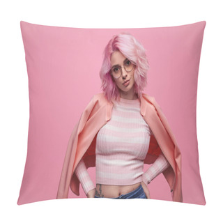 Personality  Confident Hipster Woman In Pink Jacket Pillow Covers