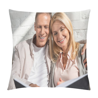 Personality  Smiling Couple Looking At Notebook And Man Embracing Wife Pillow Covers
