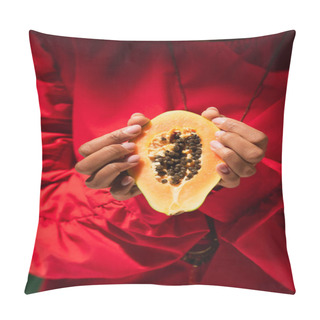 Personality  Close Up View Of Half Cut Of Papaya In Hands Of Young African American Woman In Red Blouse Pillow Covers