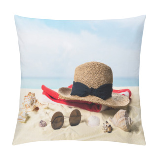 Personality  Straw Hat And Sunglasses With Seashells In Sand On Blue Sky Background Pillow Covers