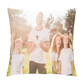 Personality  Happy Family With Two Kids Playing With Drone In Park Pillow Covers