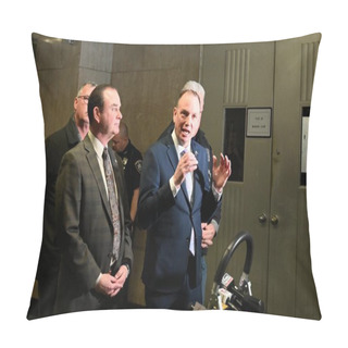 Personality  A Positive Reaction Of President Patrick Hendry Of The Police Benevolent Association (PBA) On The Arraignment Of Three Of The Suspects Who Attacked New York Police Officers In Times Square In Manhattan. February 16, 2024, New City New York, USA Pillow Covers