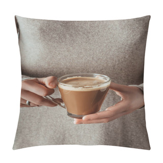 Personality Close-up Partial View Of Woman Holding Glass Cup With Coffee On Grey Pillow Covers