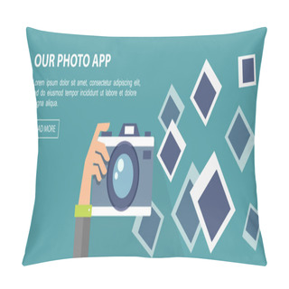 Personality  Flat Banner. Illustration Of Hand Holding Camera With Frames. Pillow Covers