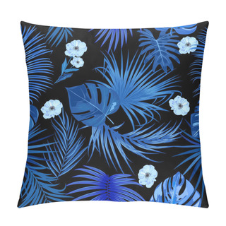 Personality  Tropical Jungle Palm Leaves Vector Seamless Pattern, Blue Colors Pillow Covers
