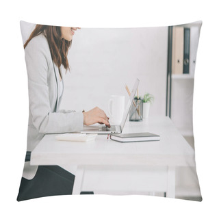 Personality  Cropped View Of Smiling Secretary Using Laptop While Sitting At Workplace In Office Pillow Covers
