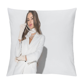 Personality  Beautiful Girl In Suit Touching Pearl Necklace And Looking At Camera On White Background Pillow Covers