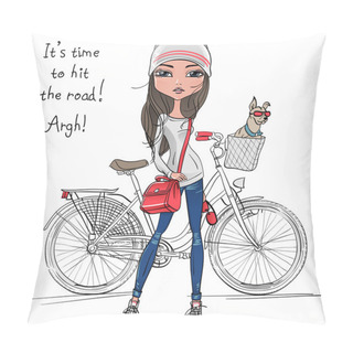 Personality Vector Cute Hipster Girl With Bike And Dog Pillow Covers