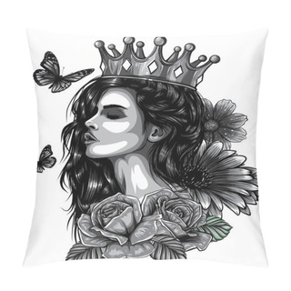 Personality  Magic Woman And Butterfly Tattoo And T-shirt Design. Symbol Of A Retro, Queen, Princess, Lady. Pillow Covers