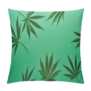 Personality  Top View Of Green Cannabis Leaves On Green Background Pillow Covers