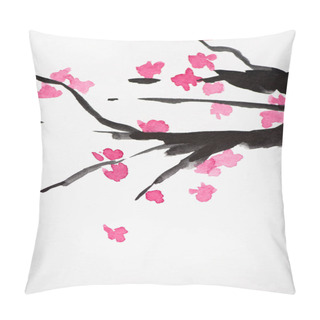 Personality  Japanese Painting With Sakura Branches With Flowers On White Background Pillow Covers