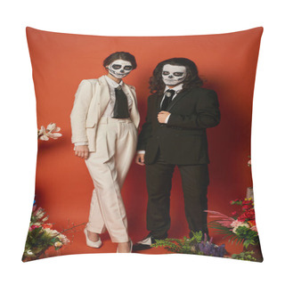 Personality  Couple In Sugar Skull Makeup And  Elegant Suits Near Dia De Los Muertos Altar With Flowers On Red Pillow Covers