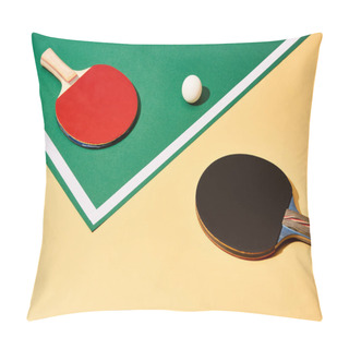 Personality  Two Table Tennis Rackets And Ball On Green And Yellow Surface With White Line Pillow Covers