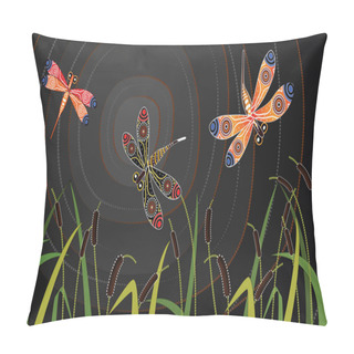 Personality  Dragonfly On Cattails Aboriginal Art Vector Painting. Pillow Covers