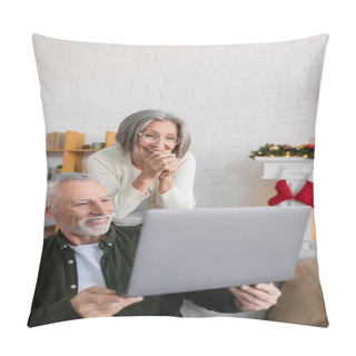 Personality  Happy Middle Aged Man Showing Laptop To Flattered Wife In Glasses On Christmas Day  Pillow Covers