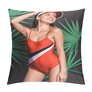 Personality  Smiling Woman In Orange Swimsuit And Visor Pillow Covers